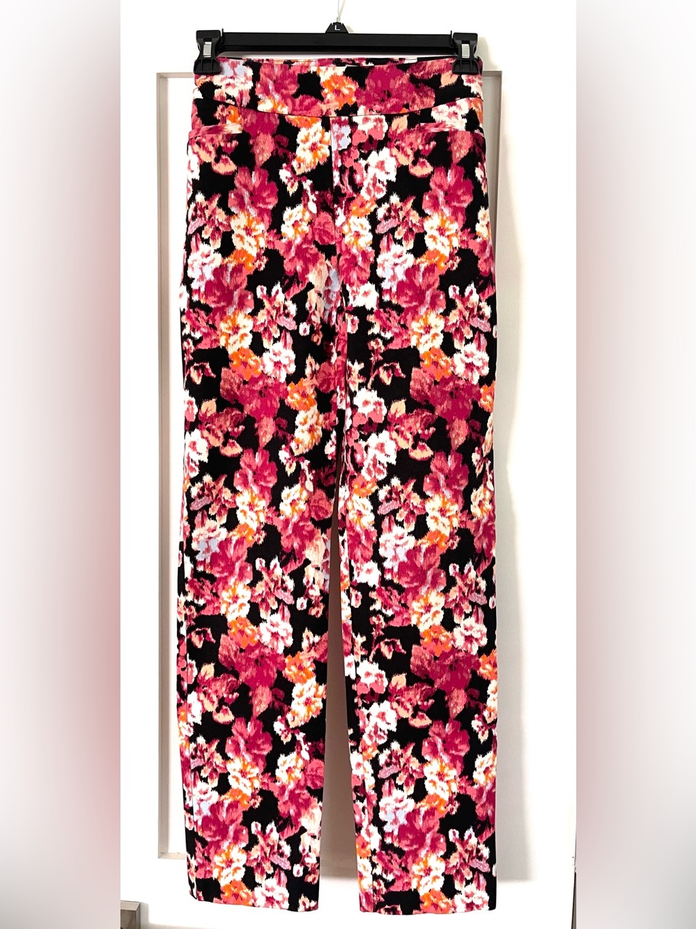 Chico's Black Floral Straight-Leg Pants with Pink & Orange Blooms